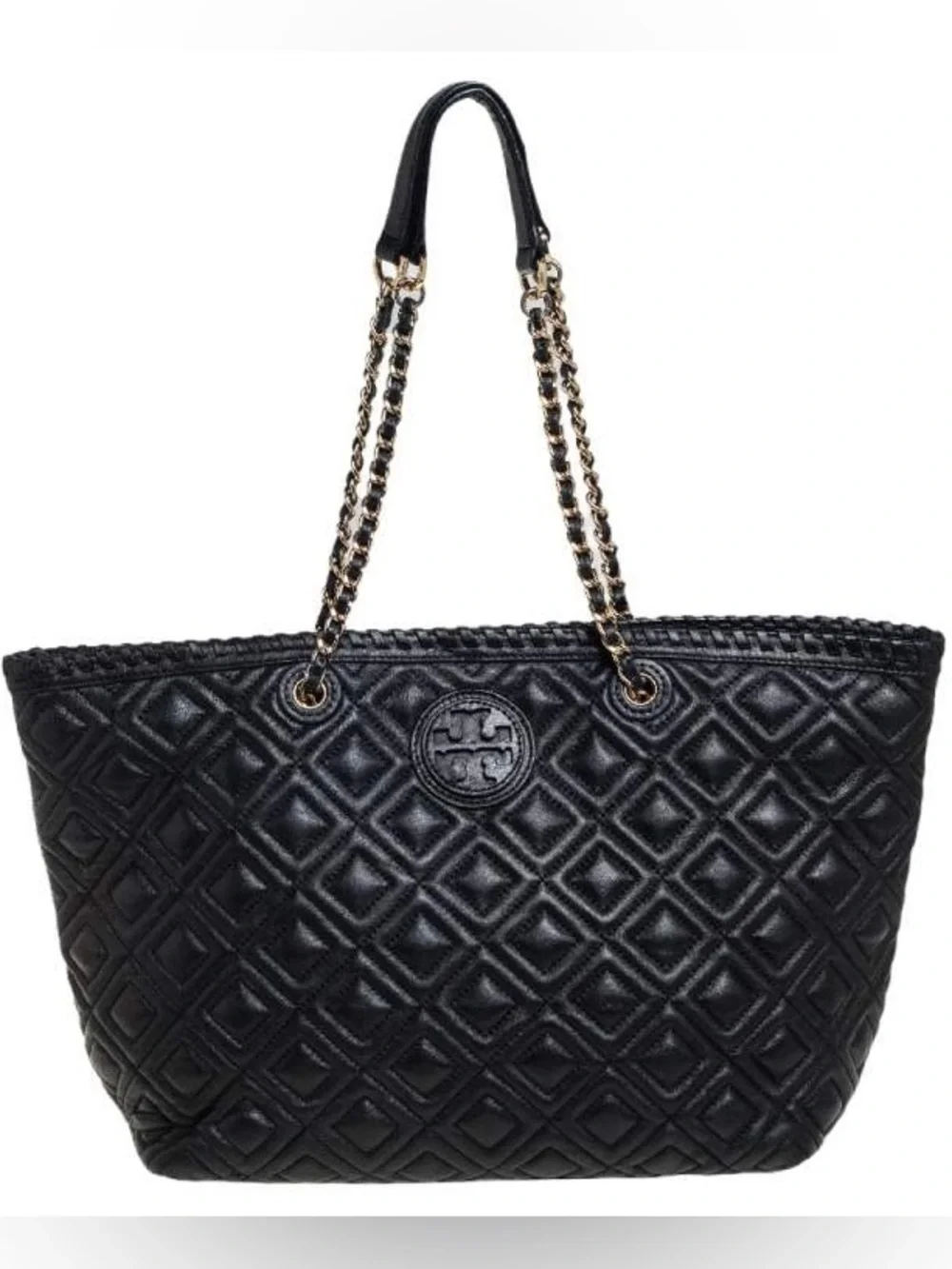 Tory Burch Black Quilted Leather Marion Tote Gold Hardware Bag Purse Luxury